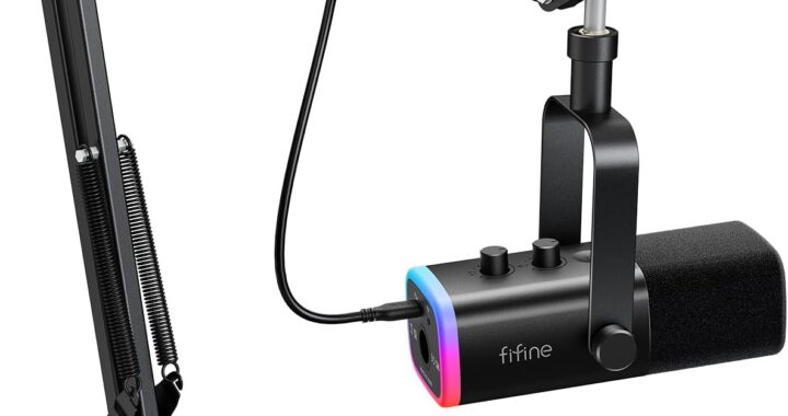 FIFINE XLR/USB Gaming Microphone Set, Dynamic PC Mic for Streaming Podcasting, Computer RGB Mic Kit with Boom Arm Stand, Mute Button, Headphones Jack, for Recording Vocal Voice-Over-AmpliGame AM8T