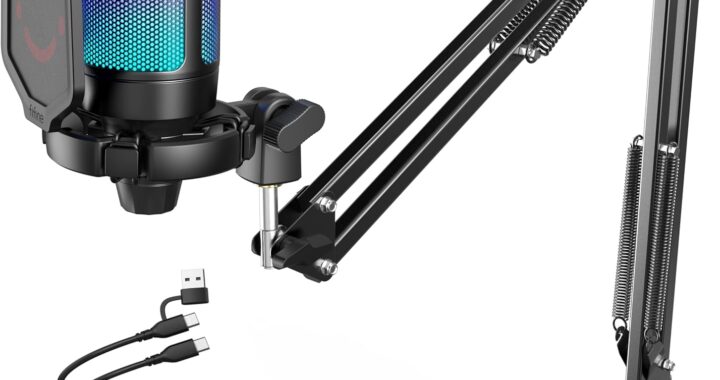FIFINE Gaming PC USB Microphone, Podcast Condenser Mic with Boom Arm, Pop Filter, Mute Button for Streaming, Twitch, Online Chat, RGB Computer Mic for PS4/5 PC Gamer Youtuber-AmpliGame A6T